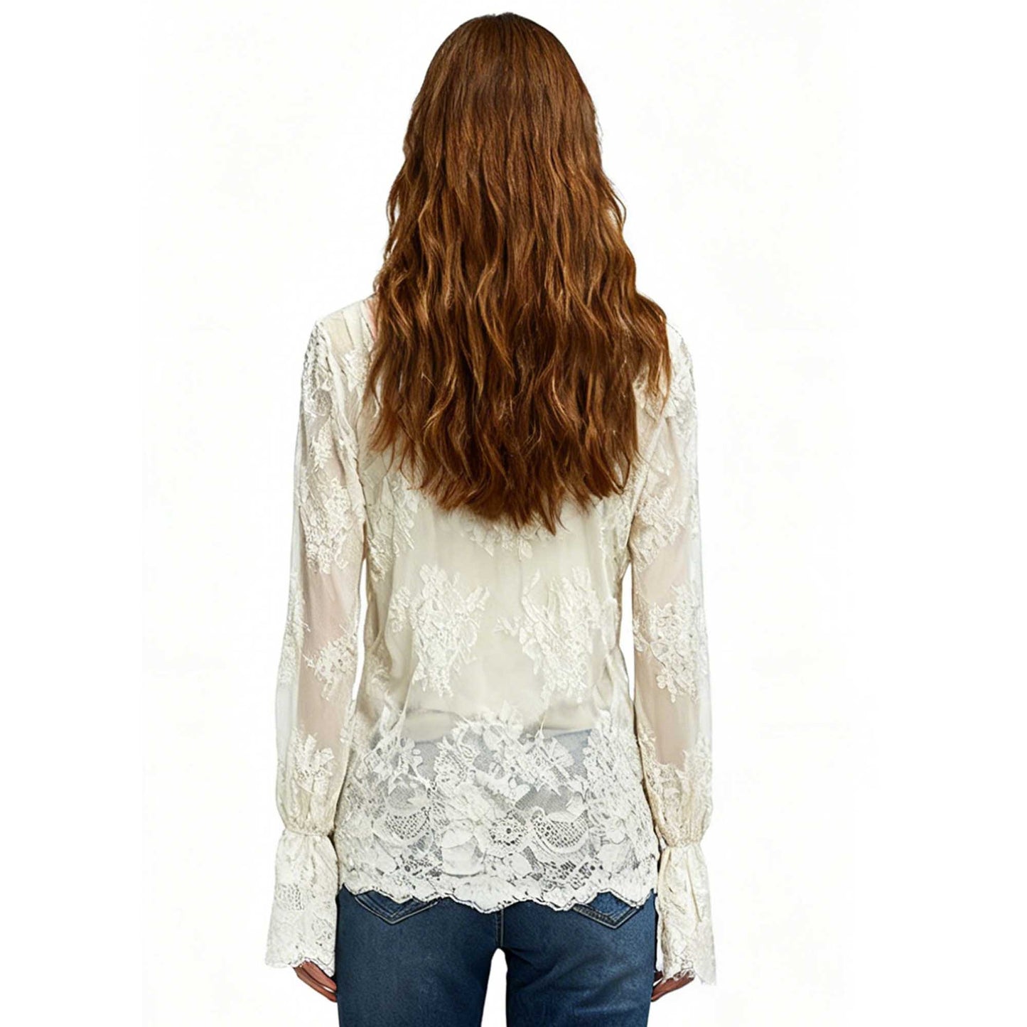Cherie Code Women’s Lace Tie‑Neck Sheer Long‑Sleeve Blouse – Romantic Lace Top in Cream