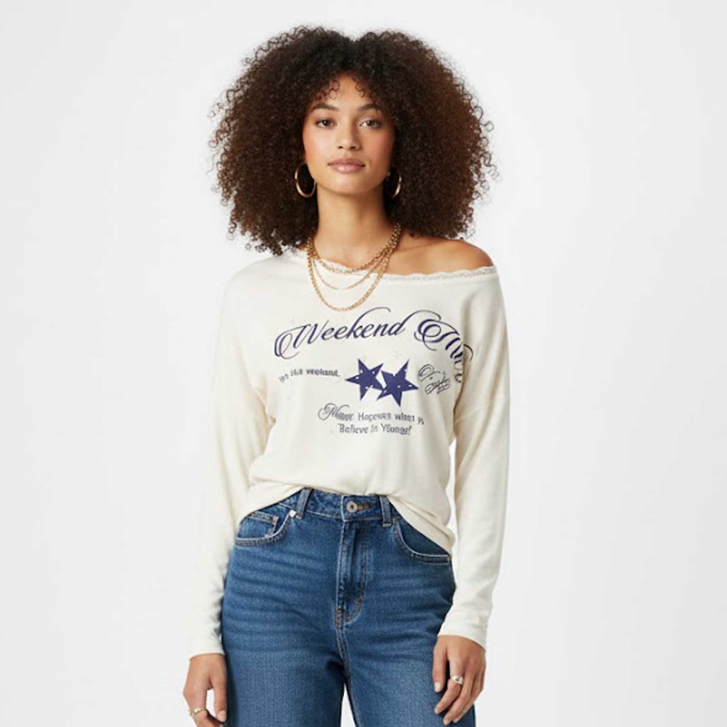 Cherie Code Women’s Graphic Tee – Knit Fabric, Off-Shoulder, Long Sleeve