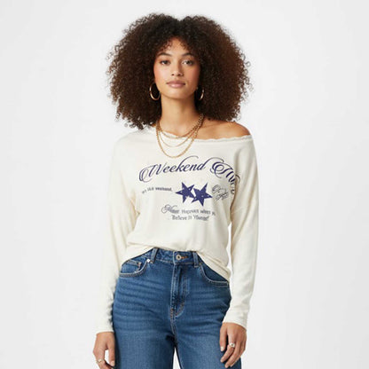 Cherie Code Women’s Graphic Tee – Knit Fabric, Off-Shoulder, Long Sleeve