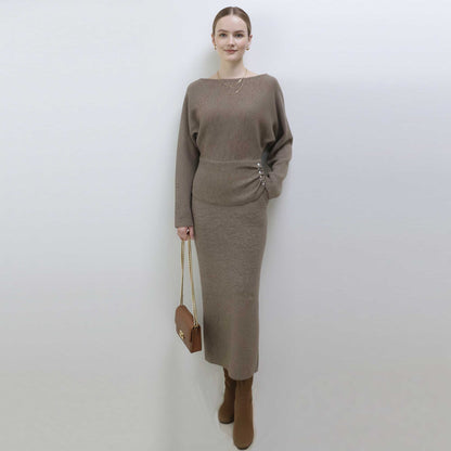 Cherie Code Women’s Knit Sweater Top & Midi Skirt Set – Stretch Knit Pullover with Button Detail & Elastic Waist