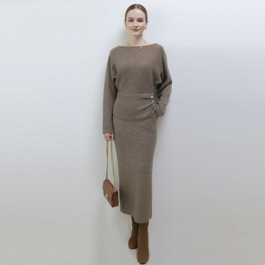 Cherie Code Women’s Knit Sweater Top & Midi Skirt Set – Stretch Knit Pullover with Button Detail & Elastic Waist