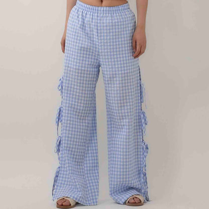 Women Everyday Checked Elastic Waist Side Strape Bowtie Casual Loungewear Pants Cherie Code