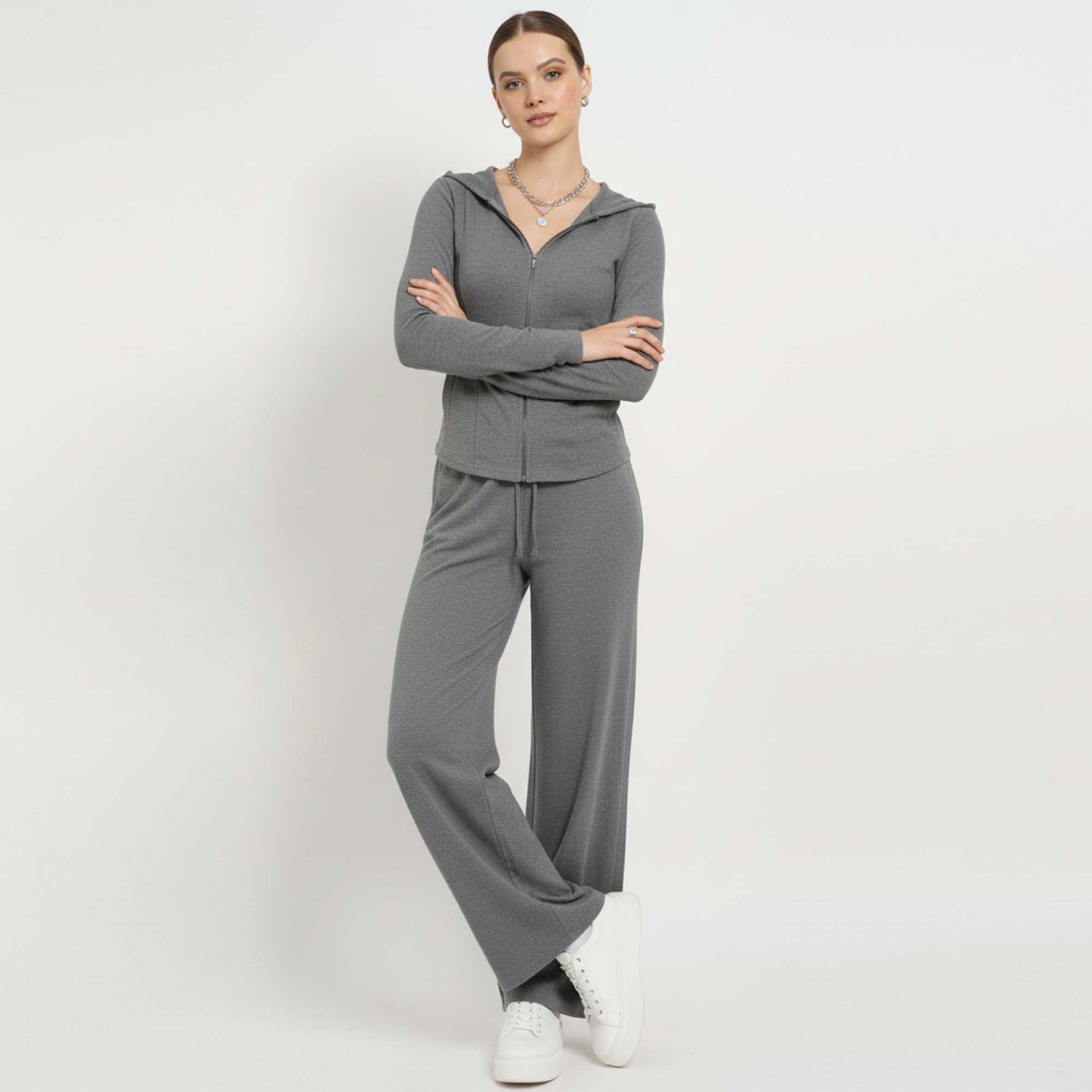 Cherie Code Women’s Hooded Zip‑Front Jacket & Wide‑Leg Pant Set – Long Sleeve Lounge Two‑Piece in Grey
