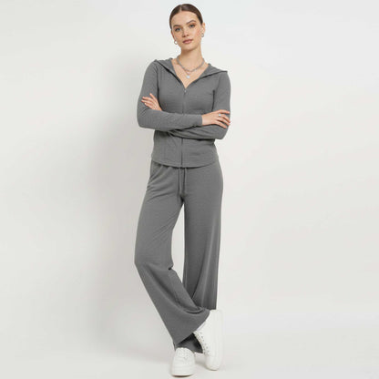 Cherie Code Women’s Hooded Zip‑Front Jacket & Wide‑Leg Pant Set – Long Sleeve Lounge Two‑Piece in Grey