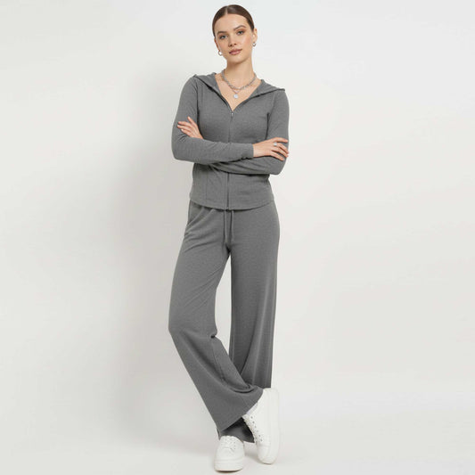 Cherie Code Women’s Hooded Zip‑Front Jacket & Wide‑Leg Pant Set – Long Sleeve Lounge Two‑Piece in Grey