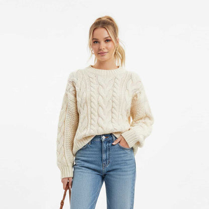 Cherie Code Women’s Cream Cable‑Knit Heart Pattern Sweater – Cozy Round Neck Long Sleeve Pullover
