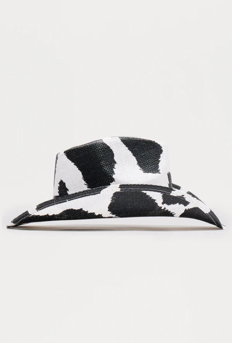 Women's Cow Print Western Cowboy Hat – Wide Brim Rancher Hat with Bull Charm, Black & White Rodeo Party Fedora Hat
