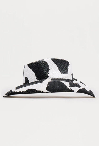 Women's Cow Print Western Cowboy Hat – Wide Brim Rancher Hat with Bull Charm, Black & White Rodeo Party Fedora Hat
