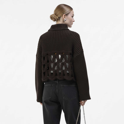 Cherie Code Women’s Hollow‑Knit Irregular Hem Sweater – Turtleneck Long Sleeve Ribbed Pullover