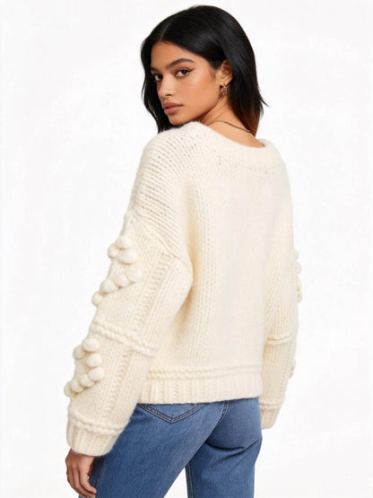 Cherie Code Women’s Cream Cable‑Knit Heart Pattern Sweater – Cozy Round Neck Long Sleeve Pullover