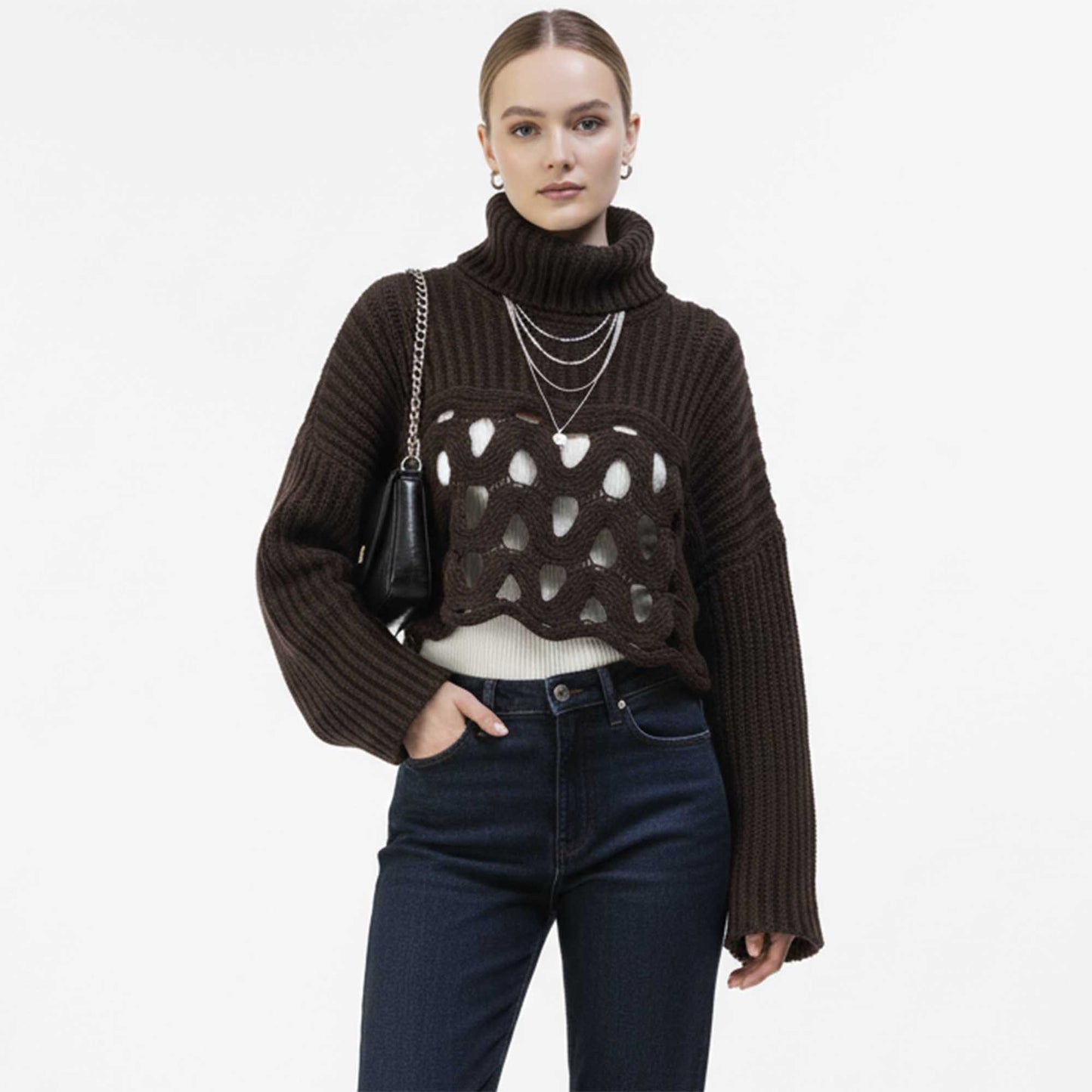 Cherie Code Women’s Hollow‑Knit Irregular Hem Sweater – Turtleneck Long Sleeve Ribbed Pullover