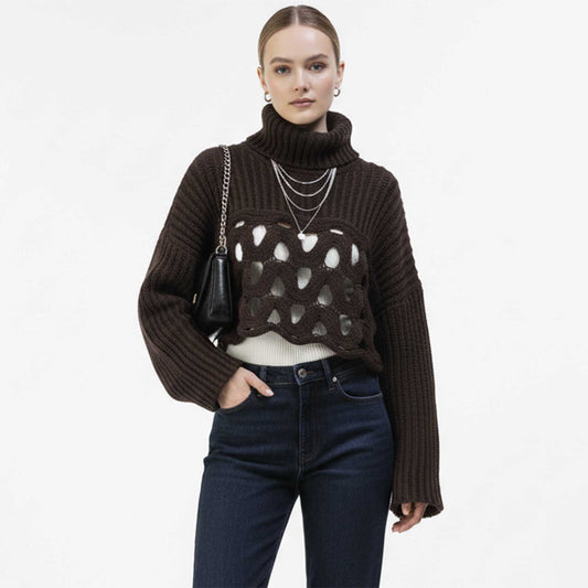 Cherie Code Women’s Hollow‑Knit Irregular Hem Sweater – Turtleneck Long Sleeve Ribbed Pullover