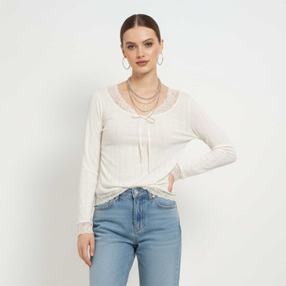 Cherie Code Women’s Lace‑Trim Ribbed Long‑Sleeve Top – Elegant Casual Knit Tee