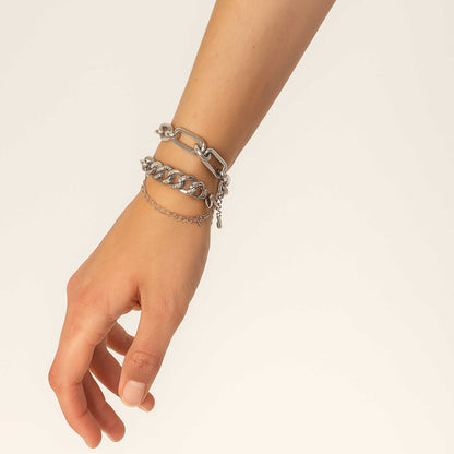 Women's 2-Piece Silver Chain Bracelet Set with Rhinestone Accents – Adjustable Layered Link Jewelry by Cherie Code