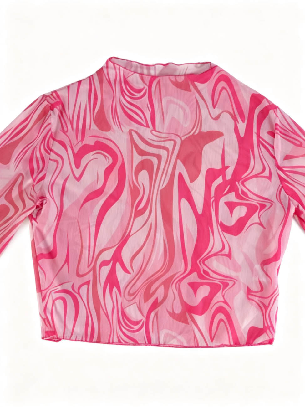 Cherie Code Women's Pink Marble Print Long Sleeve Crop Top – Slim Fit Bell Sleeve Mock Neck Y2K Fashion Going Out Shirt