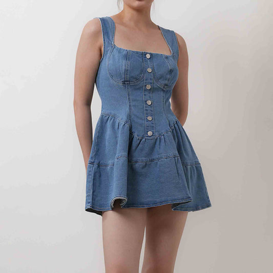 Casual Denim Blue Mini Dress - Strappy Sleeveless with Silver Button Details Cherie Code