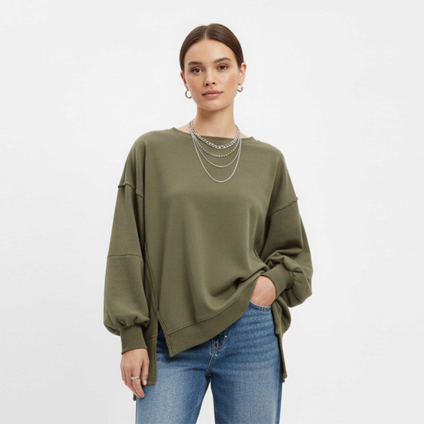 Women's Slouchy Crewneck Sweatshirt - Stretch Polyester Blend with Side Slit Details Cherie Code