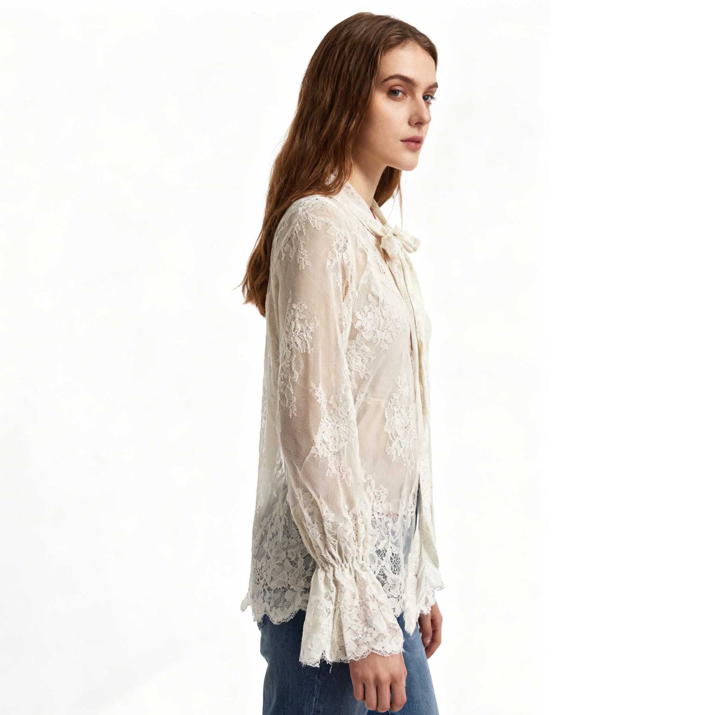 Cherie Code Women’s Lace Tie‑Neck Sheer Long‑Sleeve Blouse – Romantic Lace Top in Cream