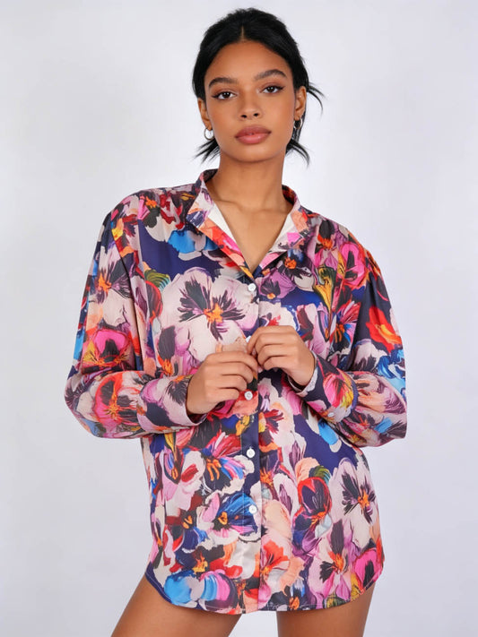 Women's Bold Floral Print Button Down Shirt – Lightweight Long Sleeve Relaxed Fit Blouse, Colorful Vacation Resort Casual Top