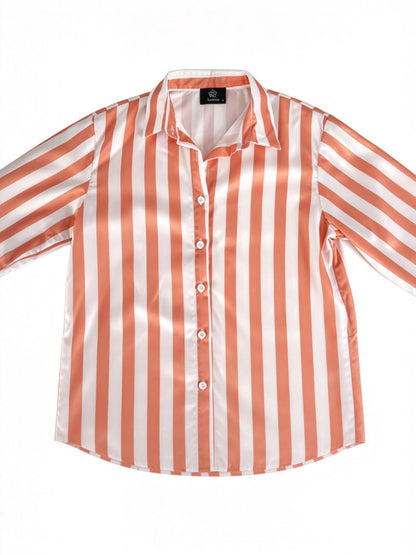 Women's 3-Piece Striped Lounge Set – Button Down Shirt, Triangle Bralette & Elastic Waist Shorts, Lightweight Summer Matching Outfit