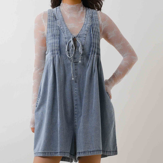 Women's Denim Romper - Sleeveless V-Neck Jumpsuit with Tie Front & Pockets Cherie Code