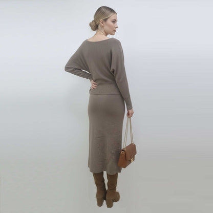 Cherie Code Women’s Knit Sweater Top & Midi Skirt Set – Stretch Knit Pullover with Button Detail & Elastic Waist