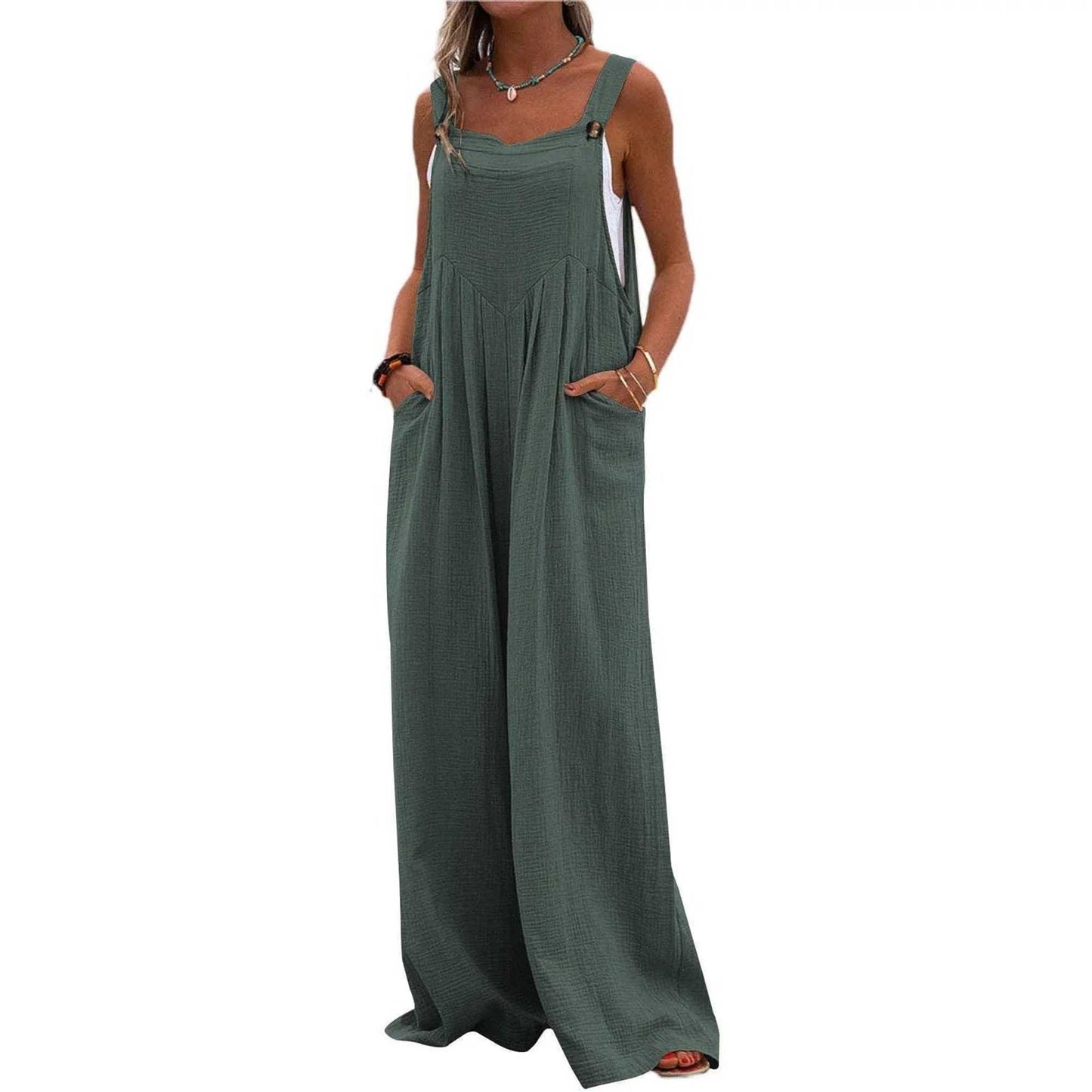 Woman Solid Color Wide-Leg Jumpsuit with Adjustable Straps and Pockets – Cherie Code