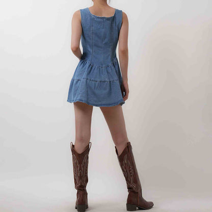 Casual Denim Blue Mini Dress - Strappy Sleeveless with Silver Button Details Cherie Code