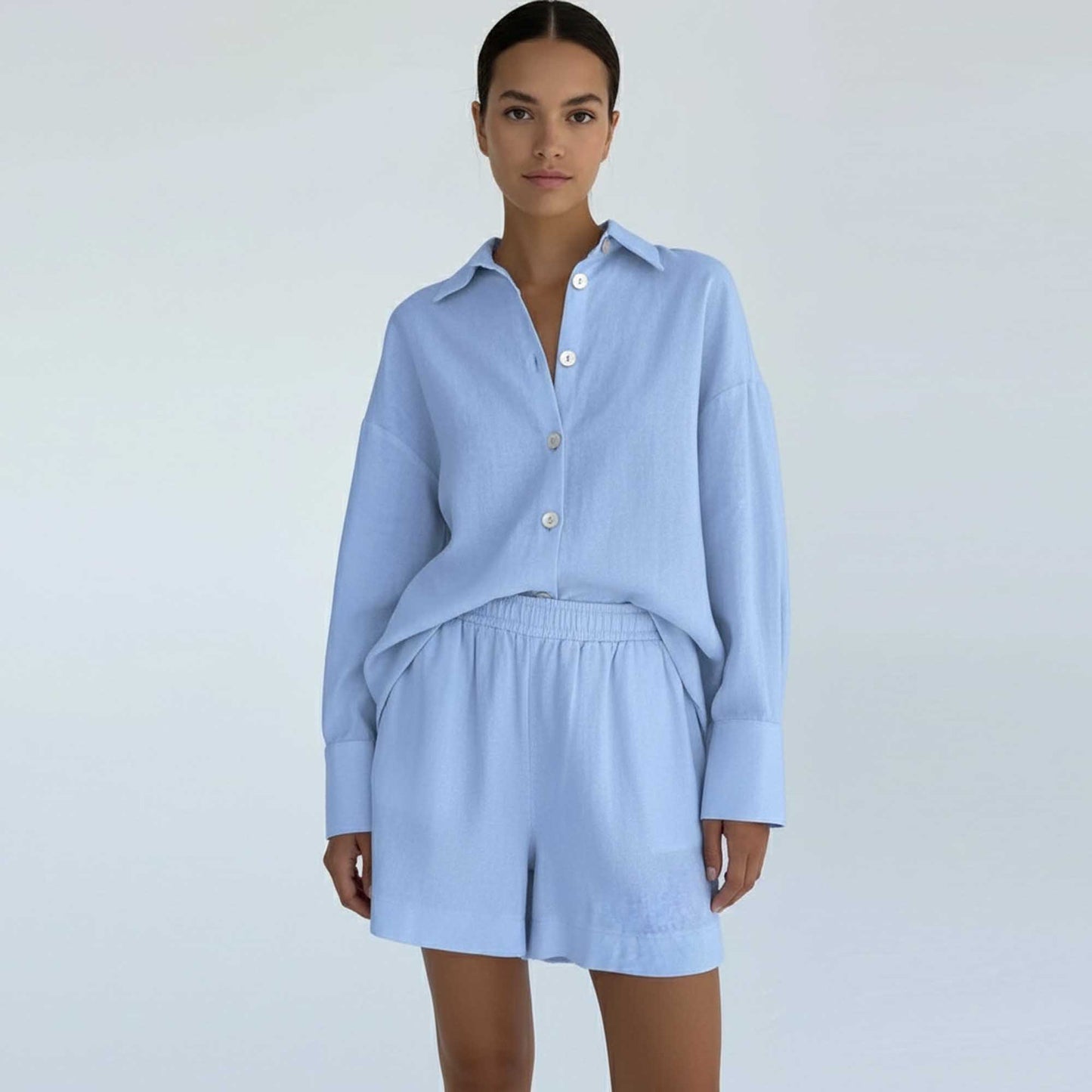 Woman Solid Shorts Set – Slim Fit Long-Sleeve Lapel Shirt & Shorts, Cotton Lined Cherie Code