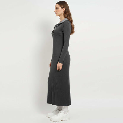 Cherie Code Women’s Grey Ribbed Knit Maxi Dress – Long‑Sleeve Collared Slim Fit Sweater Dress