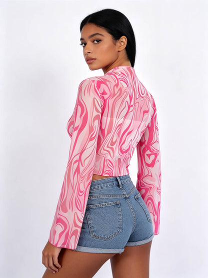Cherie Code Women's Pink Marble Print Long Sleeve Crop Top – Slim Fit Bell Sleeve Mock Neck Y2K Fashion Going Out Shirt