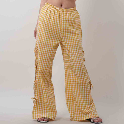 Women Everyday Checked Elastic Waist Side Strape Bowtie Casual Loungewear Pants Cherie Code