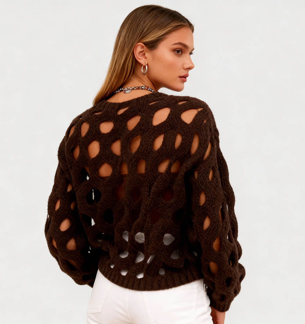 Cherie Code Women’s Open Knit Button-Front Cardigan Sweater – Long Balloon Sleeves