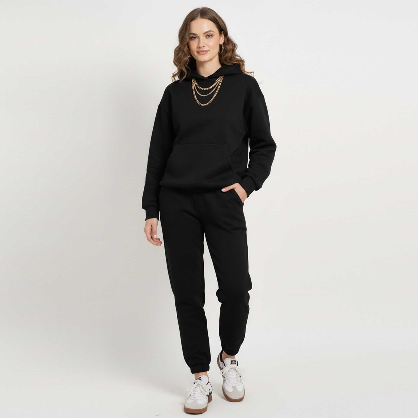 Cherie Code Women's Black Hoodie Lounge Set with Velvet Lining – Long Sleeve Top and Jogger Pants – Casual Fit