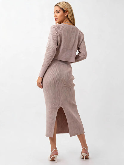 Women's Sweater Set - Stretch Knit Top & Back-Slit Midi Skirt Matching Set Cherie Code