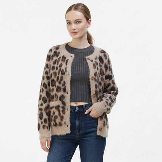 Cherie Code Women’s Leopard Print Knit Cardigan – Button‑Front Round Neck Sweater with Pockets