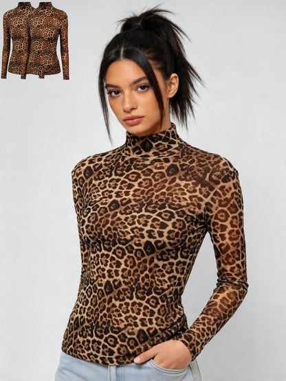 2 piece Women’s Leopard Print Mock Neck Top – Trendy Long Sleeve Slim Fit Shirt for Fall & Layering