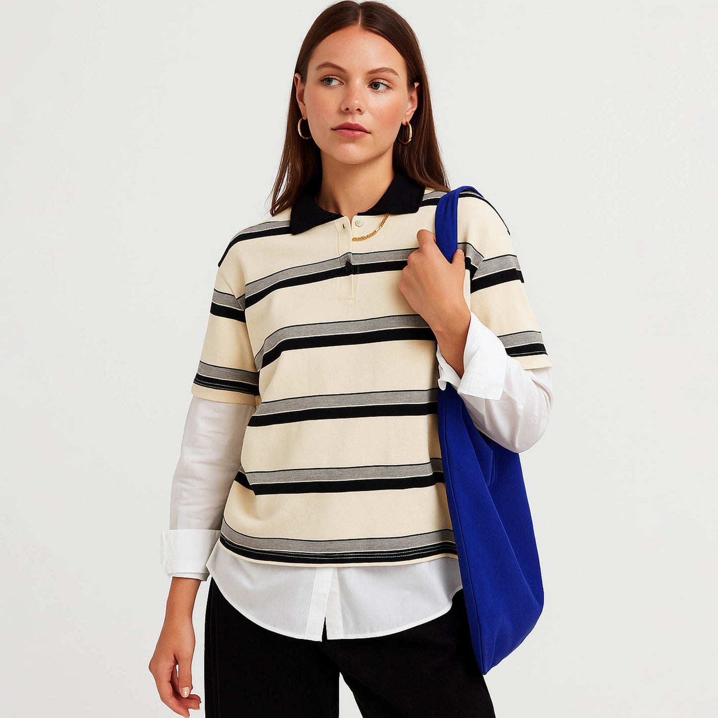 Cherie Code Women’s Stripe Polo Shirt – Cotton Blend, Short Sleeve, Oversized Fit