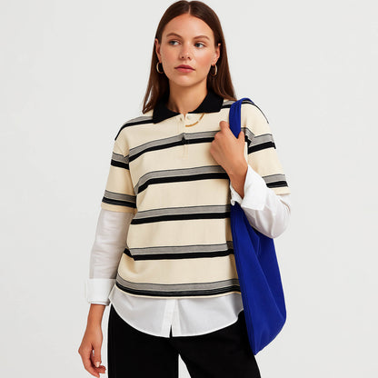 Cherie Code Women’s Stripe Polo Shirt – Cotton Blend, Short Sleeve, Oversized Fit