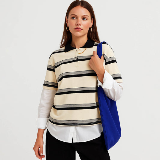Cherie Code Women’s Stripe Polo Shirt – Cotton Blend, Short Sleeve, Oversized Fit