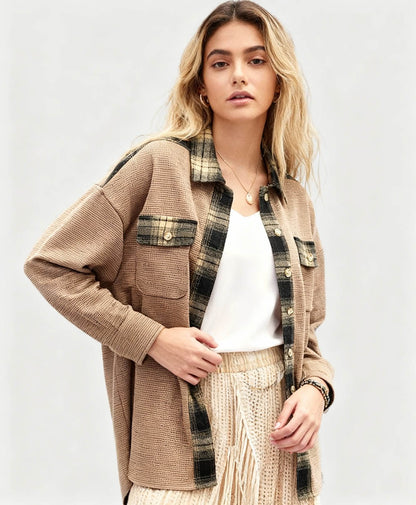Women’s Long Sleeve Button-Down Shirt Jacket with Plaid Trim – Soft Stretch Fabric