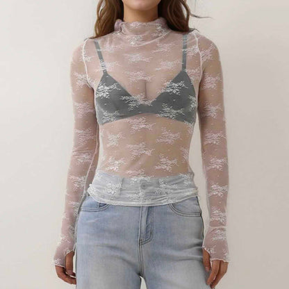 Women's Floral Lace Slim-Fit Top – Sheer Stretch Tee with Baby Overlock Edge Cherie Code