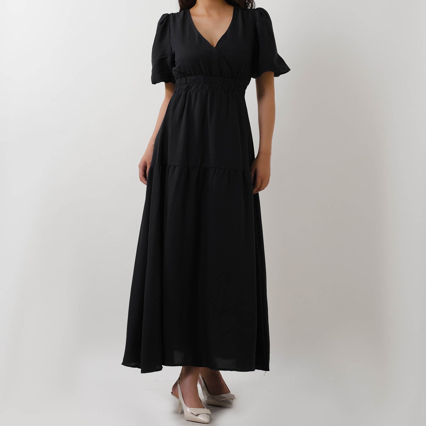 Women's V-Neck Midi Dress - Short Bubble Sleeves & Elastic Waist Casual Dress Cherie Code