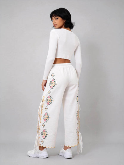 Women’s Embroidered Wide Leg Pants – Floral Drawstring High Waist Boho Lounge Trousers, Lightweight Polyester