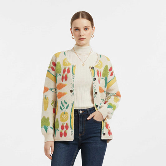 Women's Veggie Garden Jacquard Knit Cardigan -Casual Button Front Sweater Long Sleeves