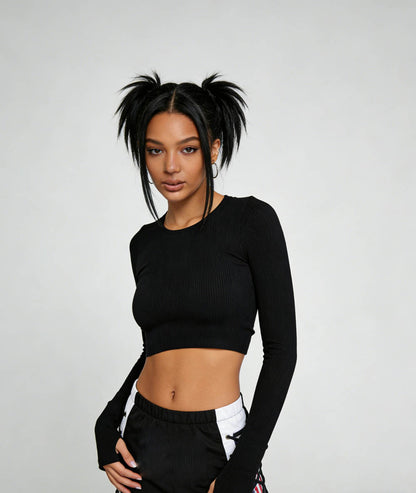 Cherie Code Women's Ribbed Long Sleeve Back Cutout Crop Top - Soft Stretch Fitted Pullover