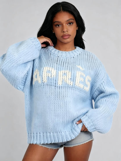 Women's Chunky Knit Oversized Sweater,Graphic Crewneck Pullover, Soft Cozy Long Sleeve Casual Winter Top - Cherie Code