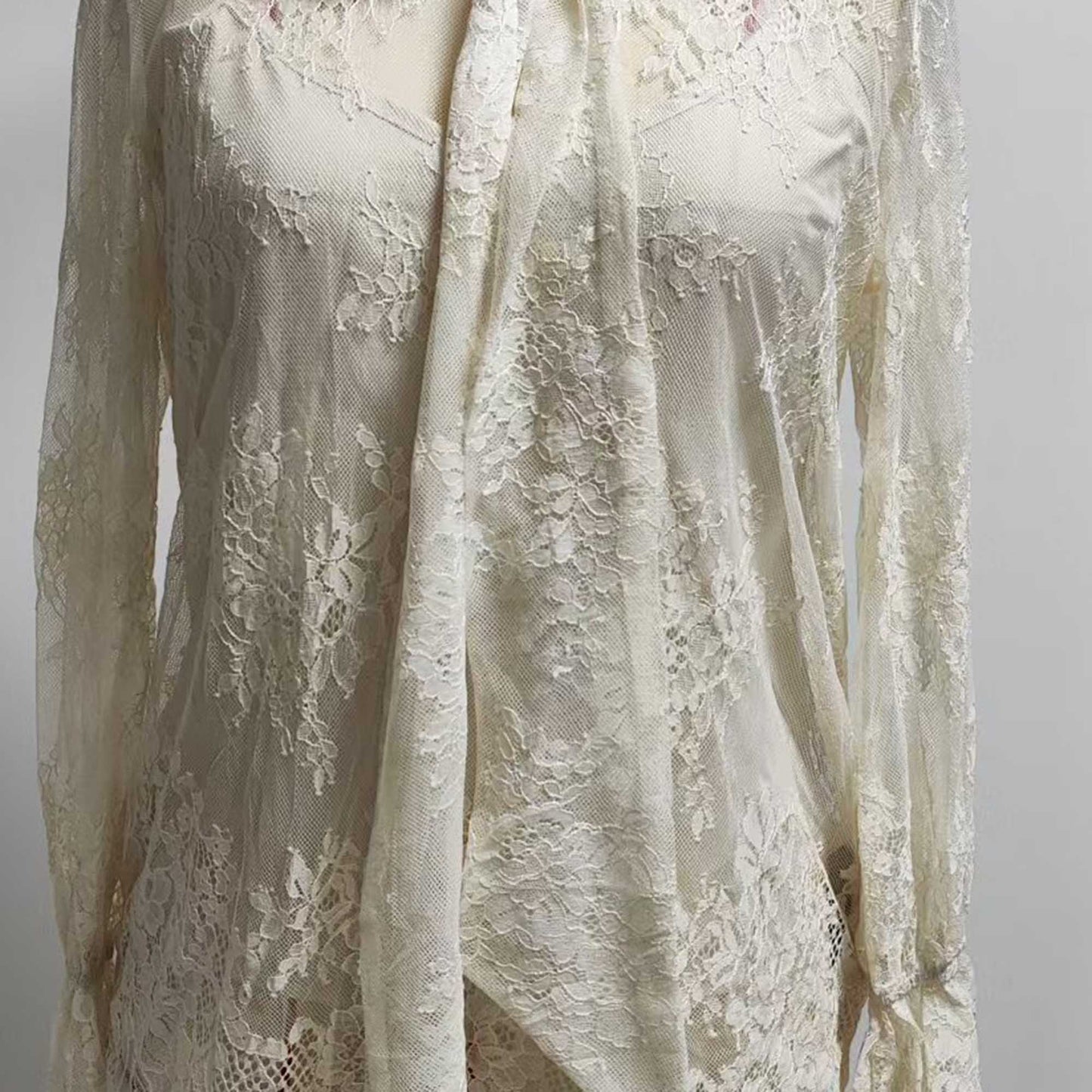 Cherie Code Women’s Lace Tie‑Neck Sheer Long‑Sleeve Blouse – Romantic Lace Top in Cream