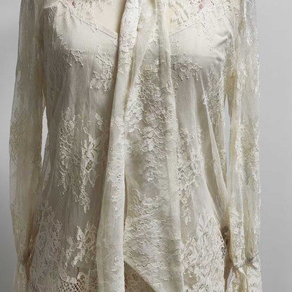 Cherie Code Women’s Lace Tie‑Neck Sheer Long‑Sleeve Blouse – Romantic Lace Top in Cream