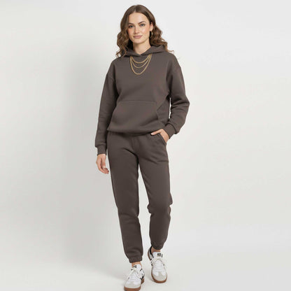 Cherie Code Women's Black Hoodie Lounge Set with Velvet Lining – Long Sleeve Top and Jogger Pants – Casual Fit